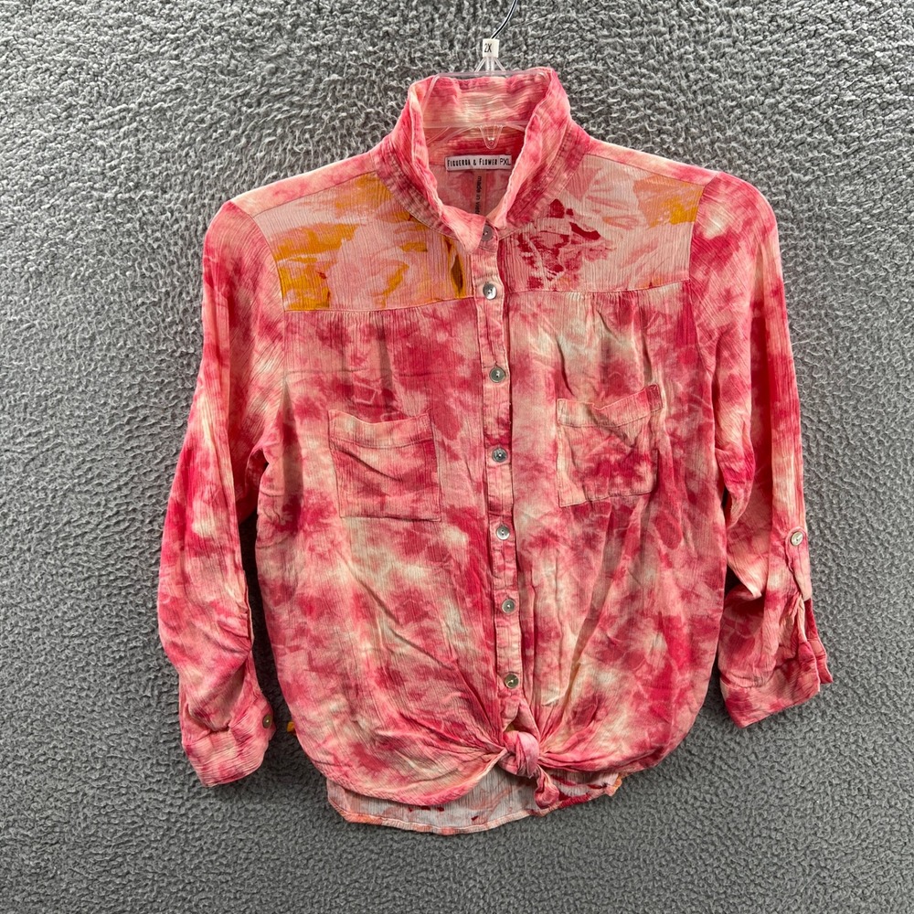 Figueroa & Flower Womens Top XL Petite  Pink Tie‎ Dye Floral Boho Artsy Festival